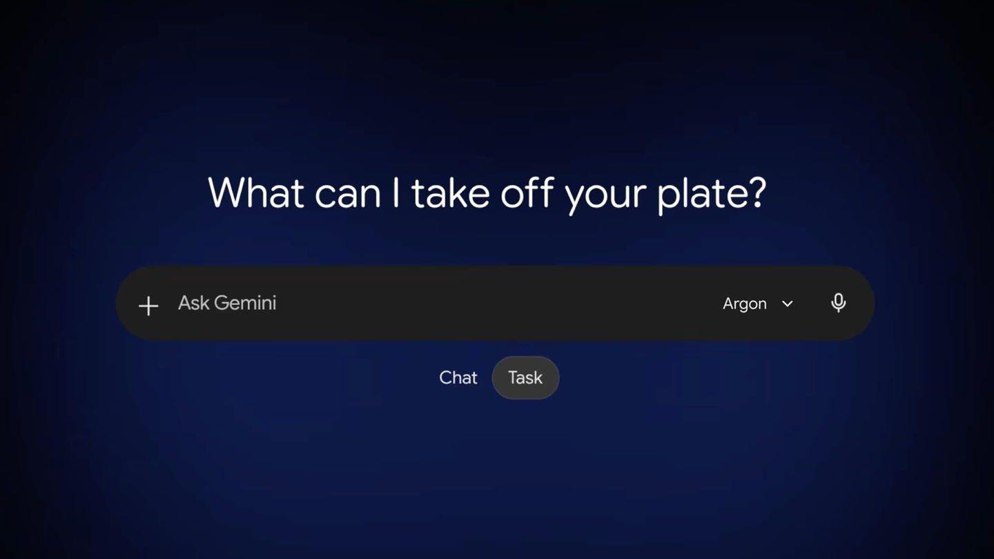 Interfaz de la app de Gemini con Gemini 4 Argon y el selector Chat/Task